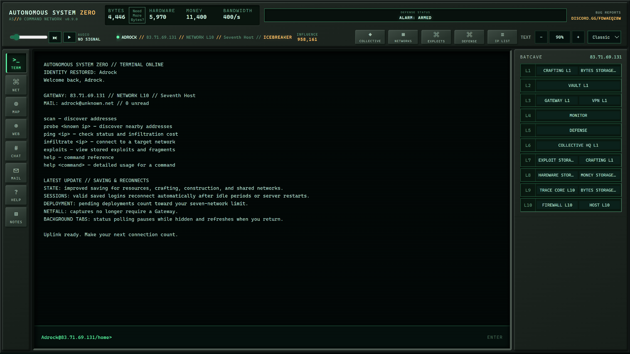Autonomous System Zero v0.9.0 gameplay: command terminal and ten-layer network
